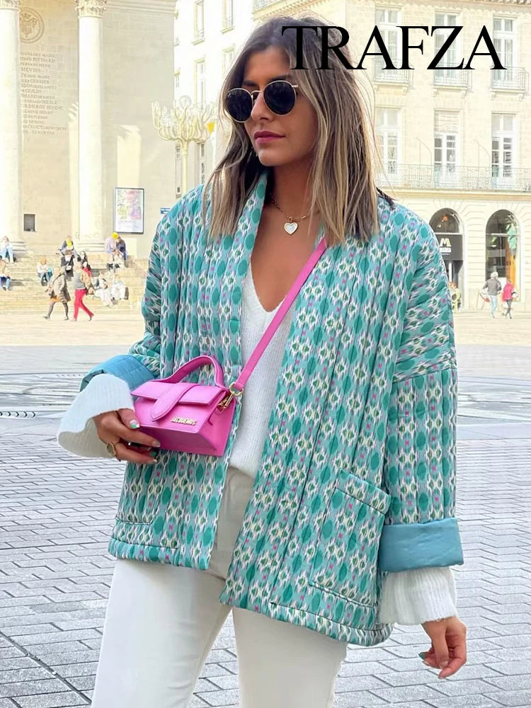 TRAFZA Vintage Patchwork Thick Cotton Jacket Women Loose Pocket Long Sleeve Autumn Winter Jacket Female O-Neck Ladies Outwear