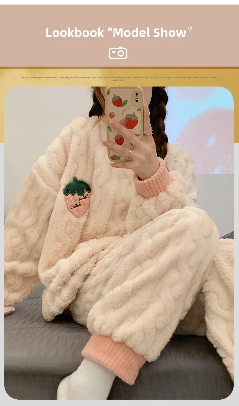 Winter Flannel Fleece-lined Sleepwear Women's Long Sleeve Warm Thickened Pyjamas Home Clothes Explosion Model Jacket Viralgem Store