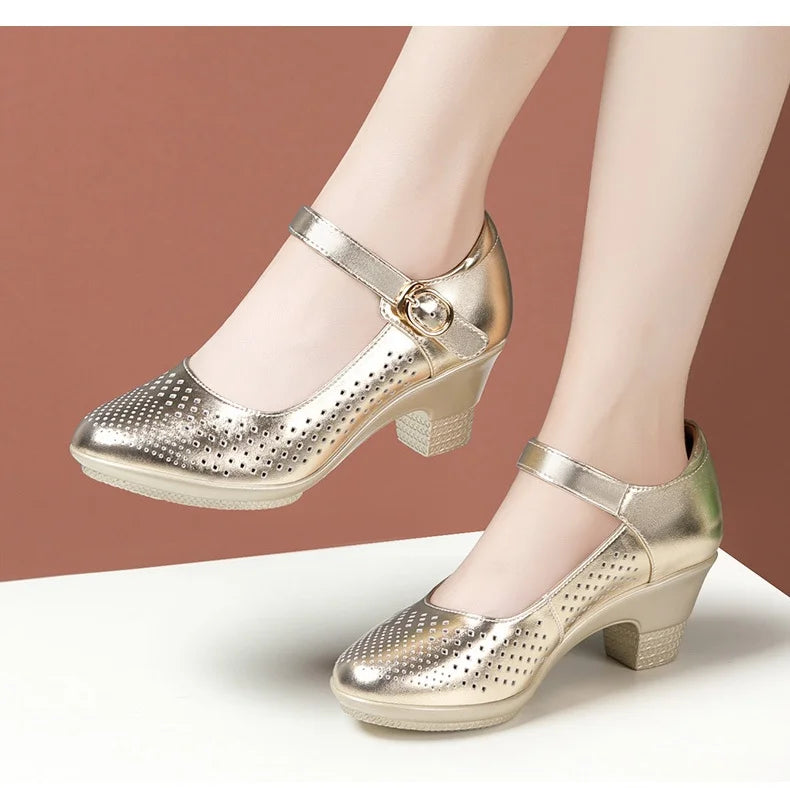 5.5cm 7.5cm Small Size 33 Breathable Cutout Block Heels Shoes Mary Janes 2024 Soft Leather Platform Pumps for Mom Dance Model