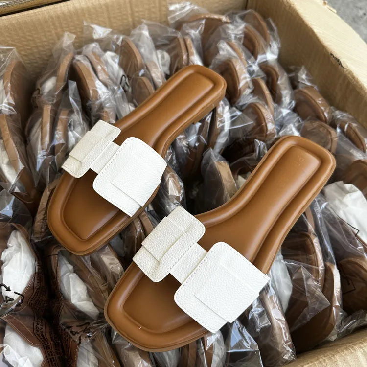 2024 Women Modern Slippers Summer Outdoors Comfortable Flat Slippers Luxury Leather Slippers Casual Slides Shoes Females Sandals