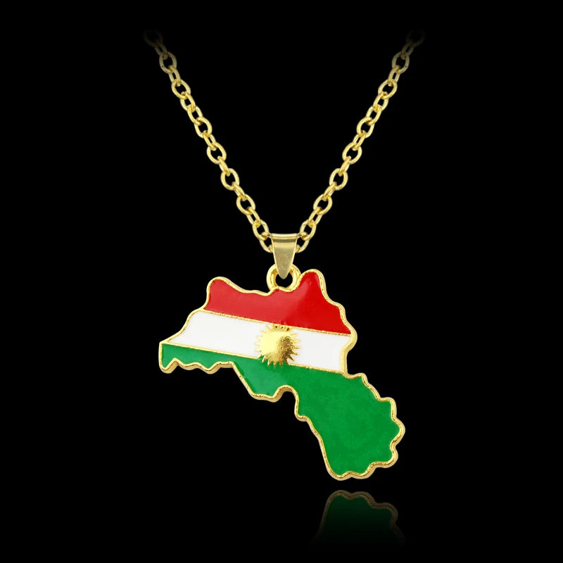 Stainless Steel Gold Silver Color Kurdistan Map Pendant Necklaces Kurdish Flag Map Jewelry