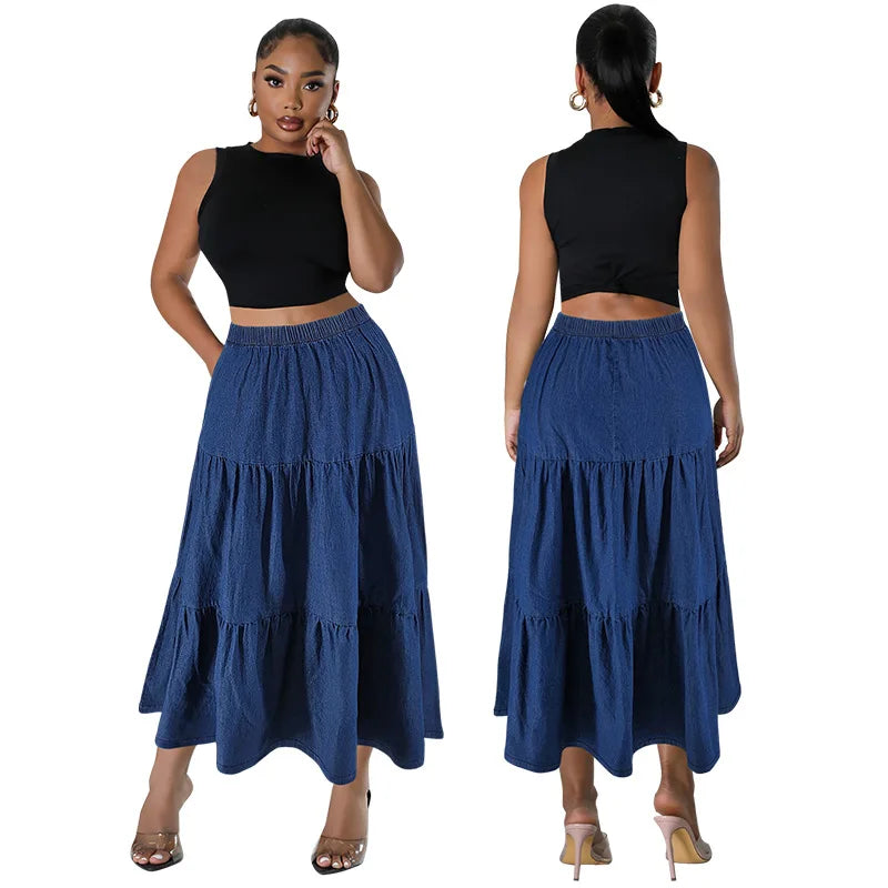 XL-5XL Plus Size Clothes 2024 Women's Button A-line High Waist Denim Skirt Office Lady Midi Jean Skirts Autumn Winter Skirt