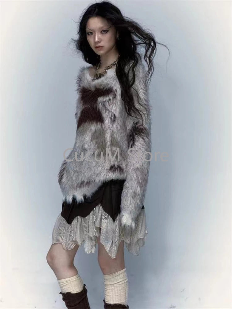 Women Black Gothic Mohair Pullover Knitted Sweater Harajuku Y2k Long Sleeves Sweater Jumper Vintage 2000s Aesthetic Clothes 2024