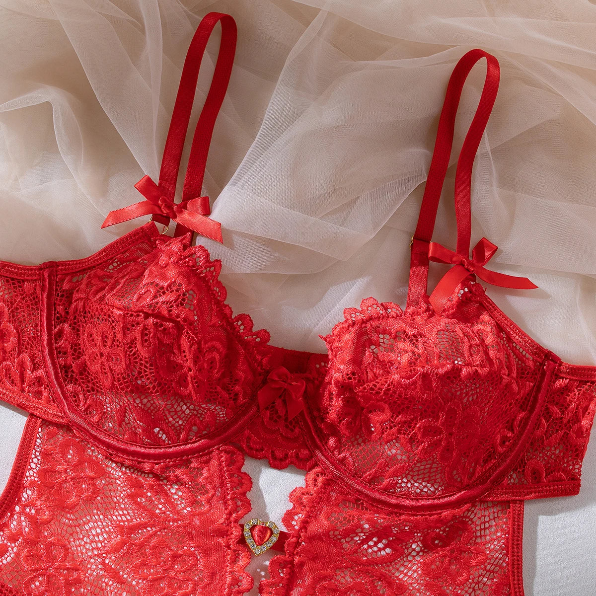 Yimunancy Lace Lingerie Set Women 2-Piece Red Backless Bodysuit Mesh Ball Gown Bow Panty Intimates Valentine Day