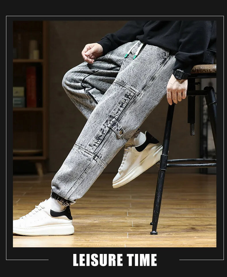 Spring Autumn Jean Men Elastic Waist Harem Hip-hop Denim Pant Male Street Fashion Big Size Loose Fit Baggy Jogger Cowboy Trouser
