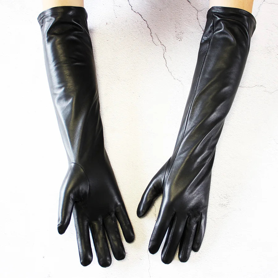 Touch Screen Extra Long Leather Sheepskin Gloves Women's Black Fashion Simple Straight Style Velvet Lining Winter Warm Sleeve