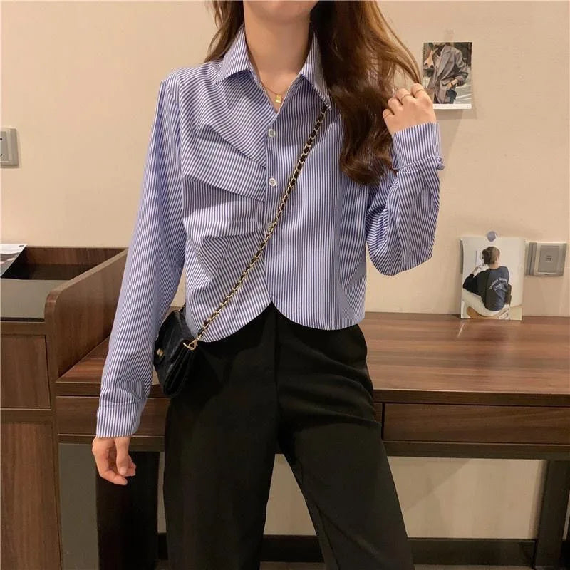 Striped Shirt Women's Design Niche Spring Autumn New Slim Versatile Pleated Long-sleeved Short Top Freshlook Styles
