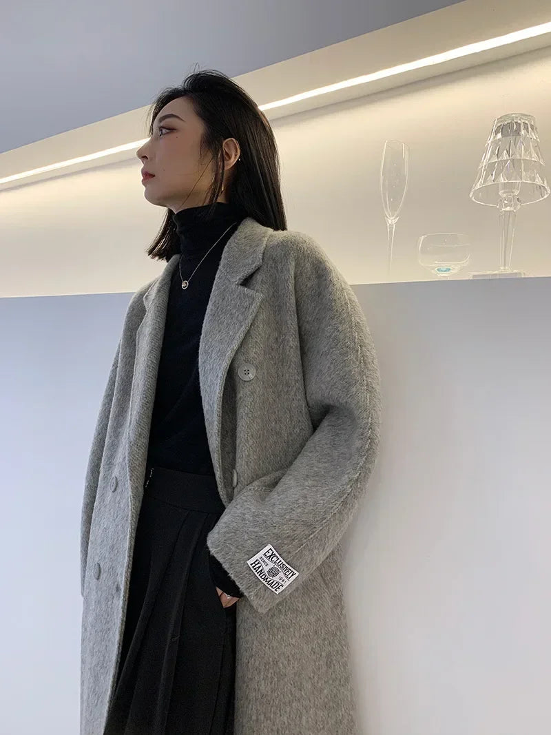 2024 Autumn Winter Wool Coat Women Double-breasted Solid Color Women's Double-sided Woolen Belt Coats Loose Warm Wool Jacket