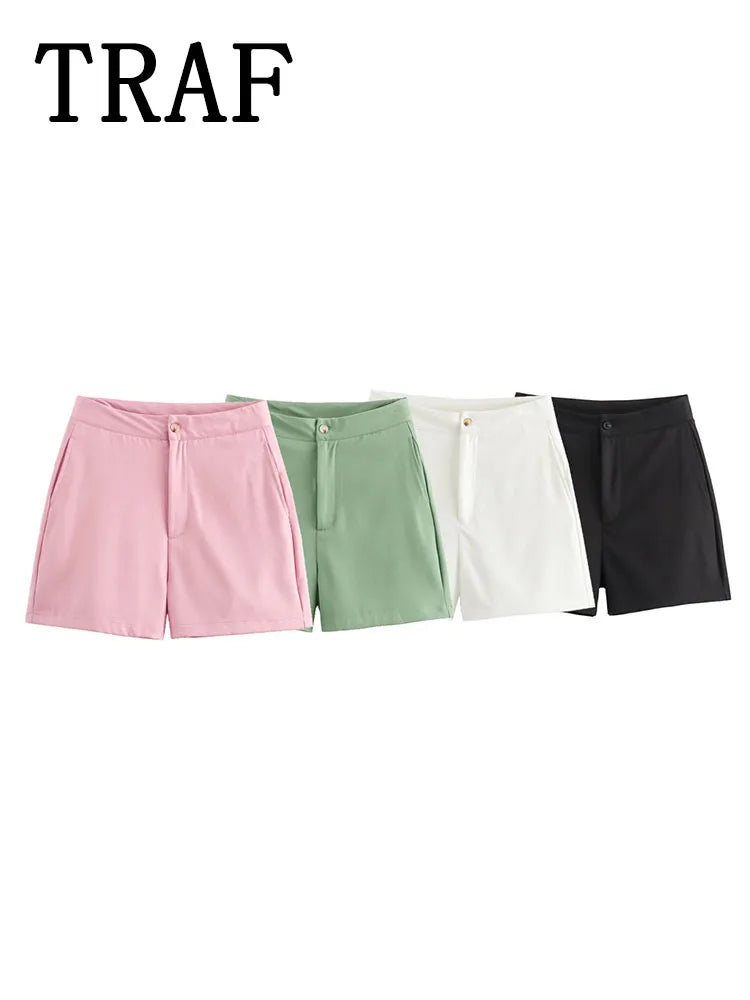 TRAF Women 2 Pieces Shorts Sets 2024 New Fashion Four Color Minimalist Vest Summer Women Suit Casual Two Piece Set Women Outfit