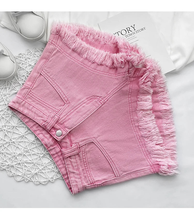 White Denim Shorts Women New High-Waist Ripped Fringed Burr Hot Pants 2023 Summer Loose Wide-Leg Korean Style Short Femme