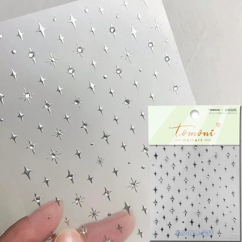 5D Laser Star Moon Snowflake Shiny Rhinestone Embossed Relief Self Adhesive Nail Art Decoration Sticker Manicure Decals