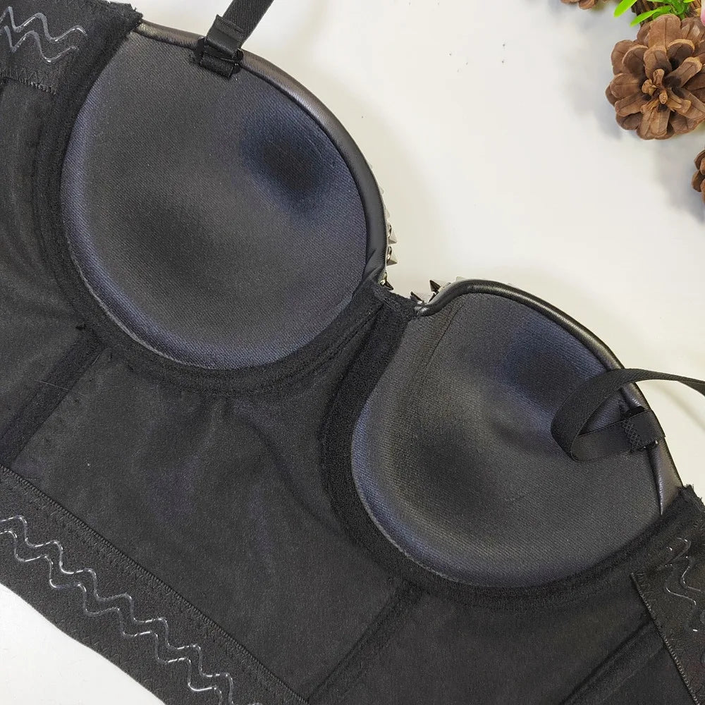 SXTHAENOO New Women Black PU Leather Corset Top Crop Bustier Bra Push Up Bodice Sexy Lingerie With Chest Pad Party Short Clothes