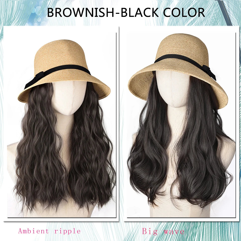 Synthetic Wig Hat One Female Summer New Braided Fisherman's Hat Ripple Full Head Fashion Sunshade Lafite Hat
