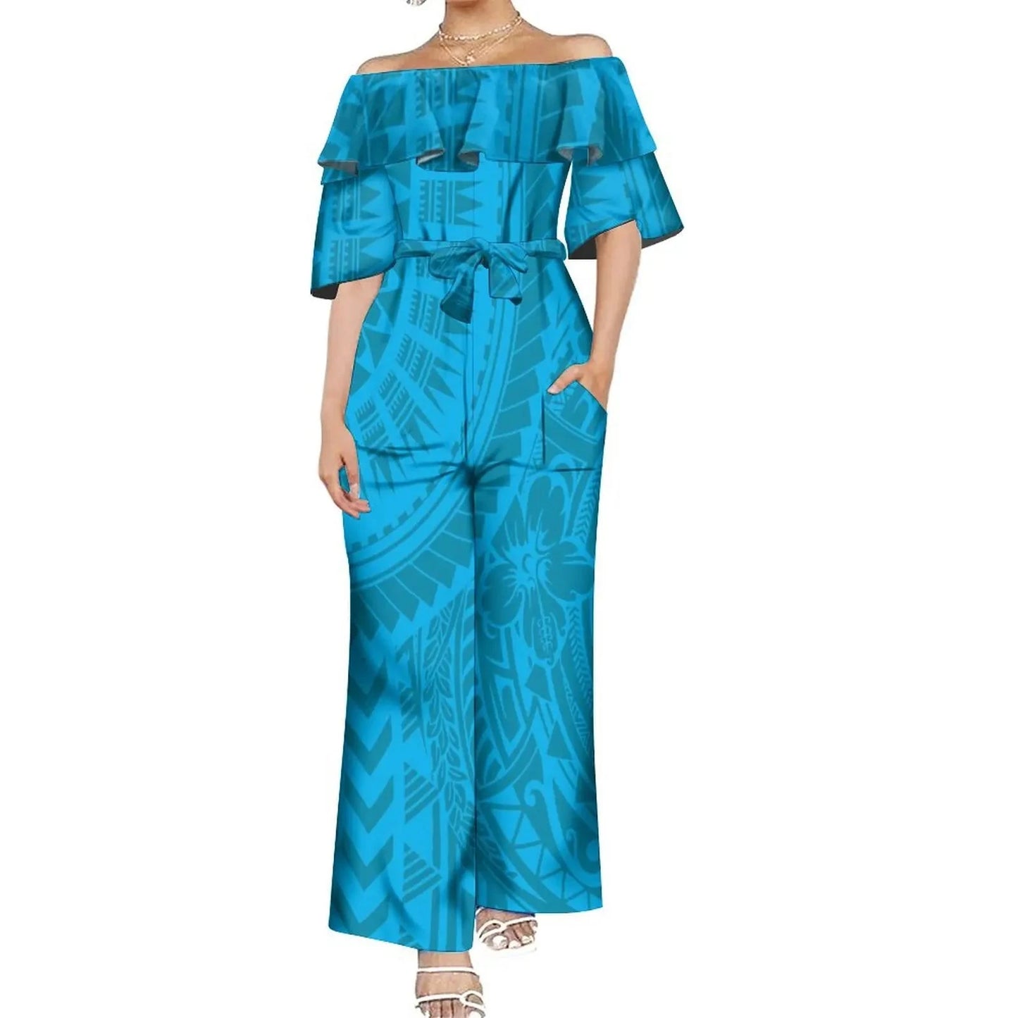 Drop Shipping Custom Polynesian Off Shoulder Frill Women One Piece Rompers Lace Up Oversized Jumpsuit With Belts Viralgem Store
