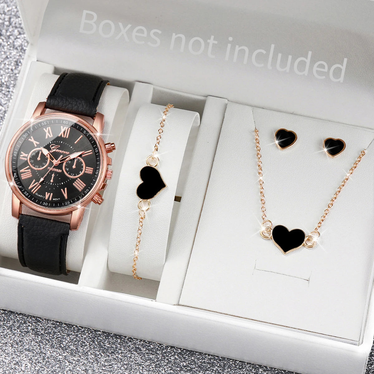 5/6PCS Fashion Women's Quartz Watch Leather Band Analog Wrist Watches Heart Rhinestone Jewelry Set(Without Box) Viralgem Store