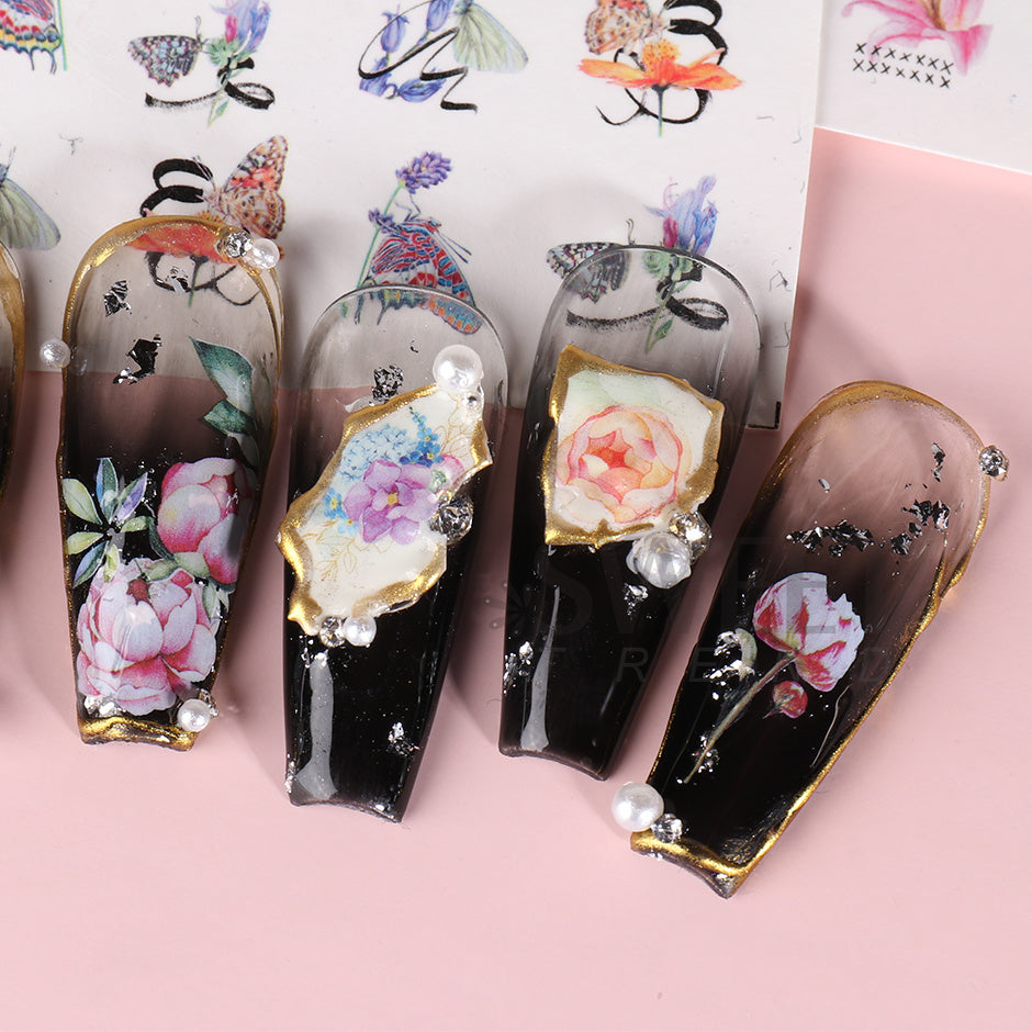 12 Design Floral Nail Art Stickers Water Decals Transfer Summer Painting Flower Leaf Rose Manicure Decoration Nail Sliders Wraps