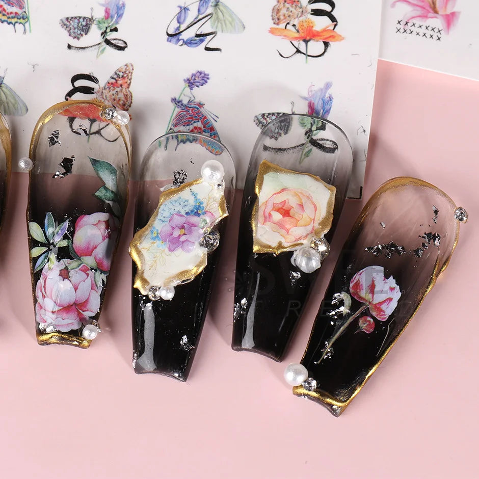 12 Design Floral Nail Art Stickers Water Decals Transfer Summer Painting Flower Leaf Rose Manicure Decoration Nail Sliders Wraps