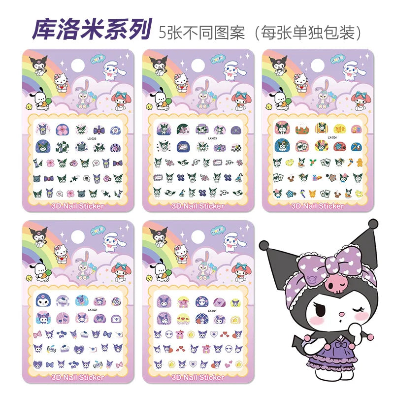 5pcs/set Children Cartoon Luminous Nail Stickers Sanrio Hello Kitty Melody Kuromi Glow In The Dark Adhesive Slider Manicure Deca