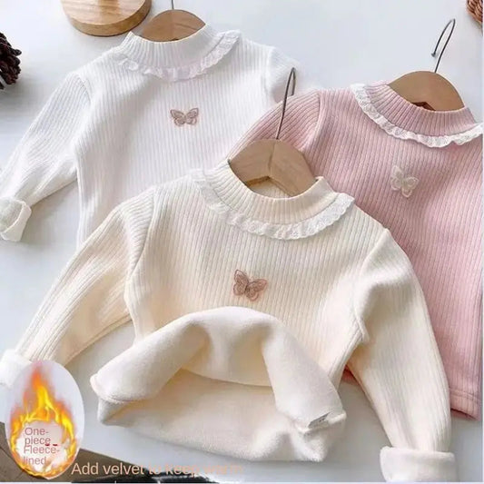 Toddler Baby Girl Velvet Warm Tops Children Turtleneck Butterfly Sweater Shirts 1-13Years Children Base Tops in Pink Beige 6 8 9 Viralgem Store