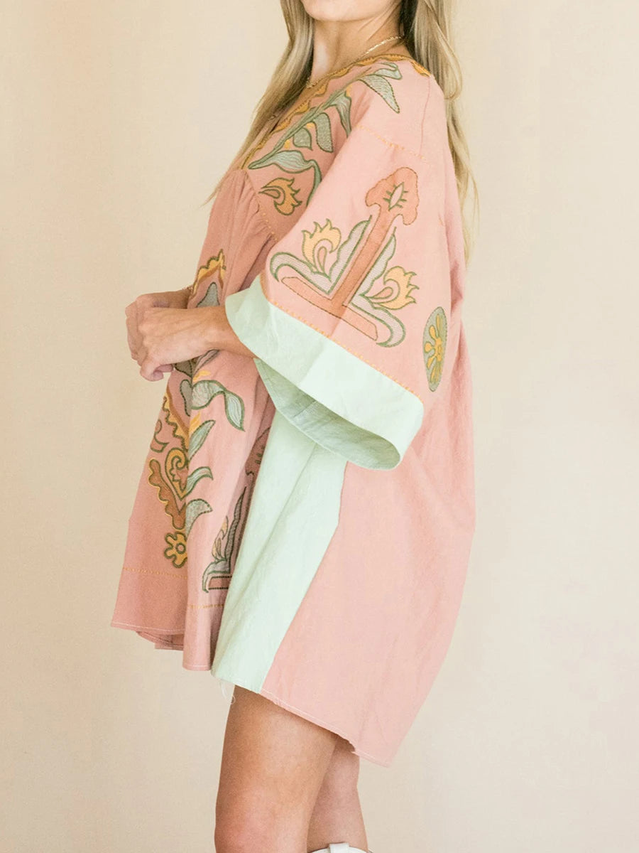 Women's Floral Print Dress Summer Half Sleeves V-Neck Loose Fit Short Dress Relaxed Fit Comfort Beach Dress