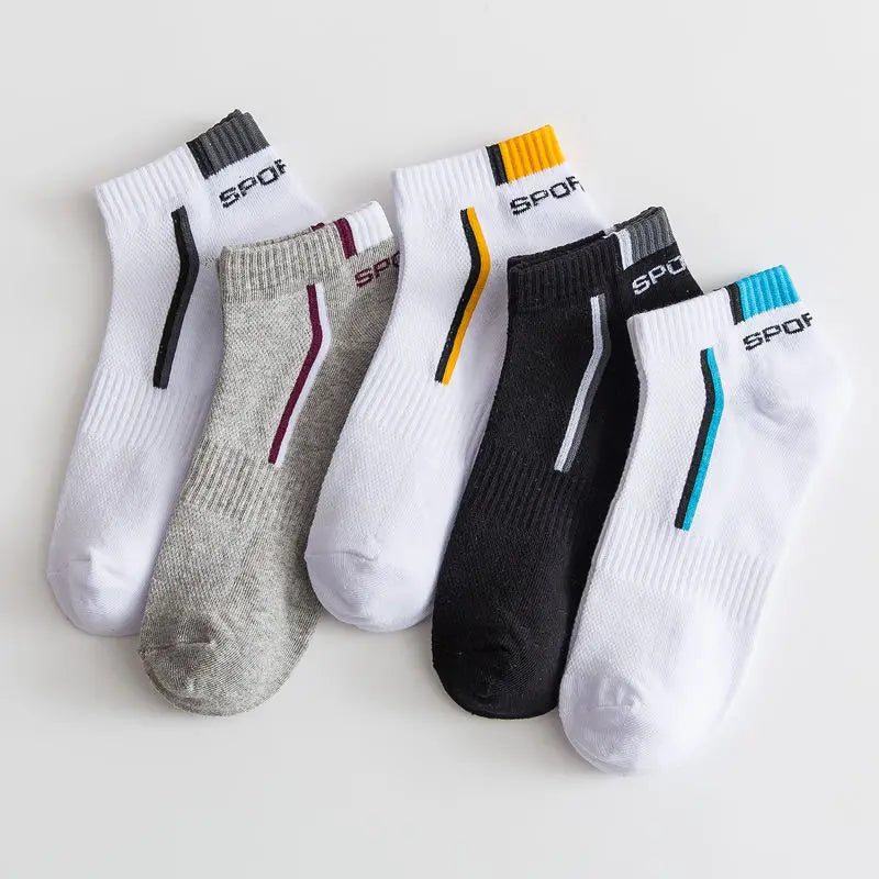 5pairs Men's Fashion Sports Socks, Striped Cotton Sweat Absorption Breathable Comfortable Ankle Socks Viralgem Store