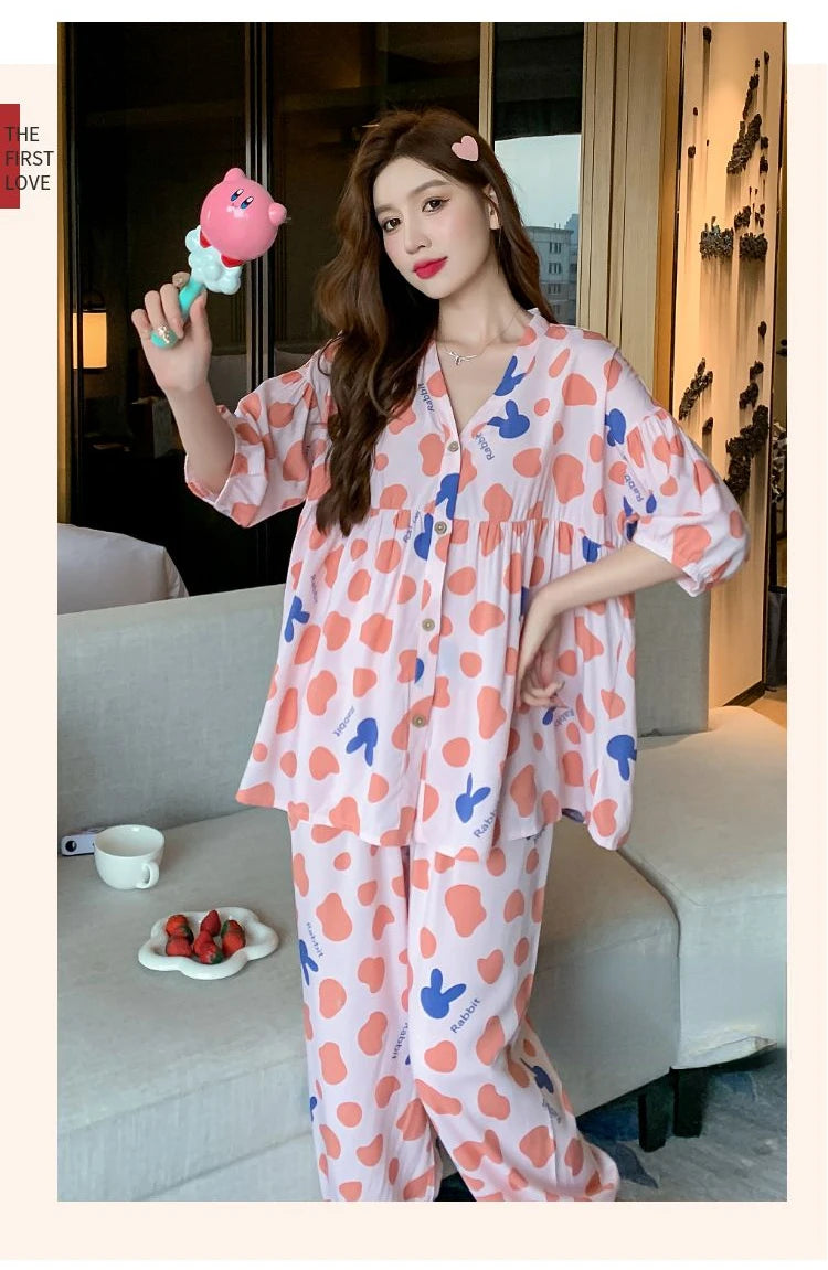 2023 New Cotton Silk Summer Pajamas Suit Plus Size Loose Ladies Home Clothes Two-piece Casual Style Thin