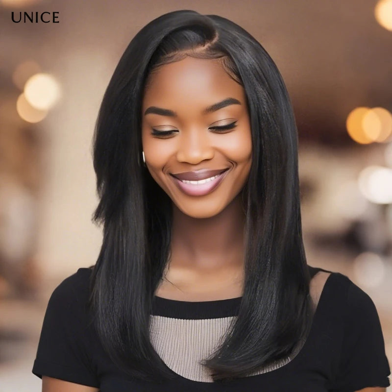 Unice Human Hair Yaki Straight Wig with Side Swept Bangs 7x5 Bye Bye Knots Glueless Lace Wigs Viralgem Store
