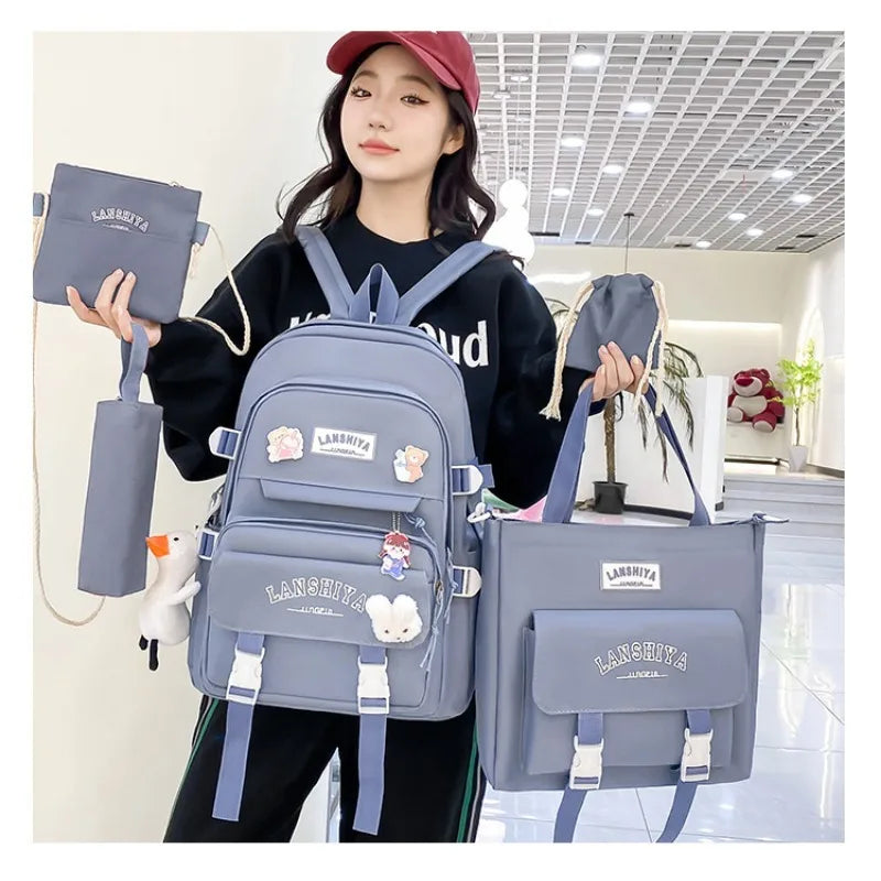 5-piece Set of Free Pendants Forest Style Korean Version Casual Harajuku Student Backpack for High School Girls Large Capacity Viralgem Store