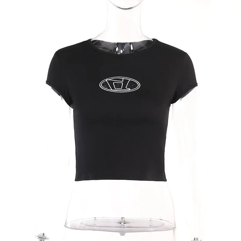 Y2k Top Shirts for Women Fashion Street Spice Girl Slim Show Chest D Embroidery Crop Short Open Umbilical Versatile Top