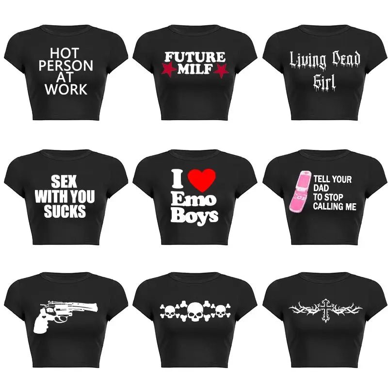 Y2K Clothes Letter Print 2000S Goth Kawaii Harajuku Fairy Grunge Short Top Women T-shirt Summer Fashion Baby Tee E-girl Crop Top
