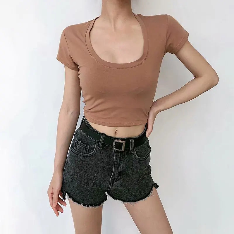 U-Neck Crop Top Solid Color Women Casual High Waist T Shirt Basic Sexy Streetwear Short Sleeve Slimming