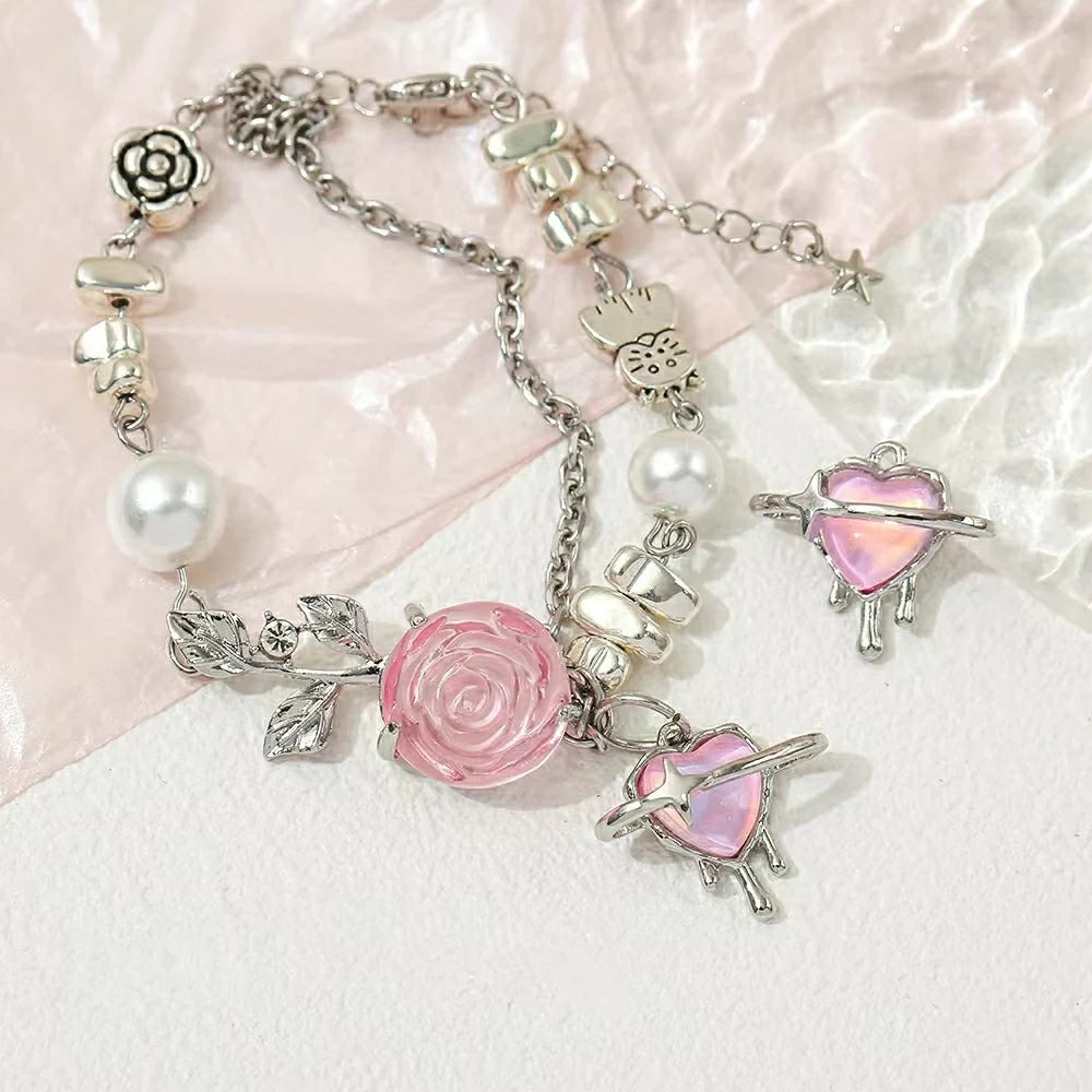 5Pcs Cute Pink Alloy Pearl Rose Heart Bow Tulip Charms DIY Handmade Necklace Earrings Pendant Jewelry Accessories For Women Girl