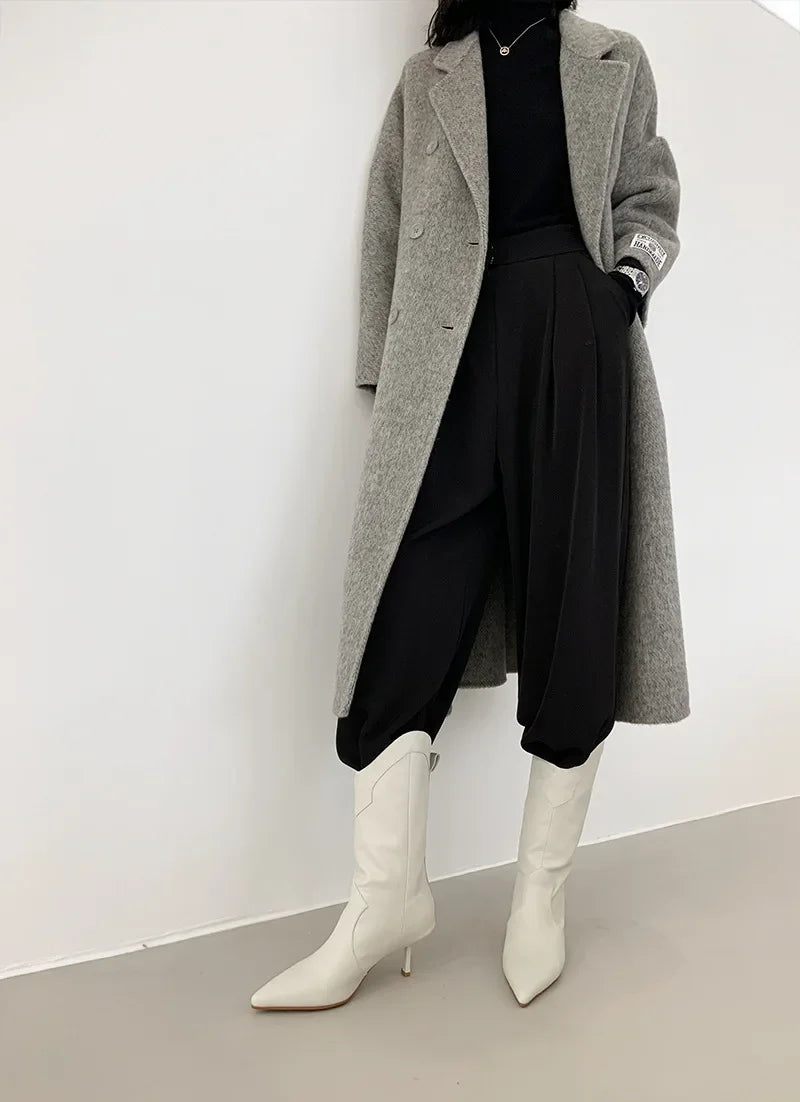 2024 Autumn Winter Wool Coat Women Double-breasted Solid Color Women's Double-sided Woolen Belt Coats Loose Warm Wool Jacket