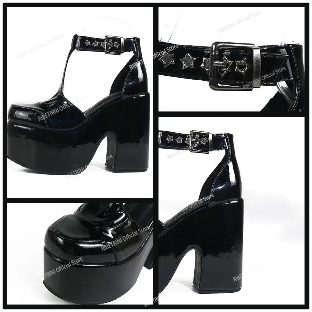 2023 Platform High Heel Cool Punk Fashion Women's High Quality Girls Goth Shoes Black Big Size 43 Cross-tied Casual Luxury Boots
