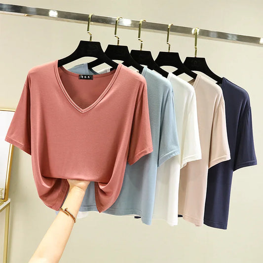 Women's T-shirt Modal V-Neck Short sleeves Tops Summer Casual T Shirts  Solid color Loose basic Bottoming Tees