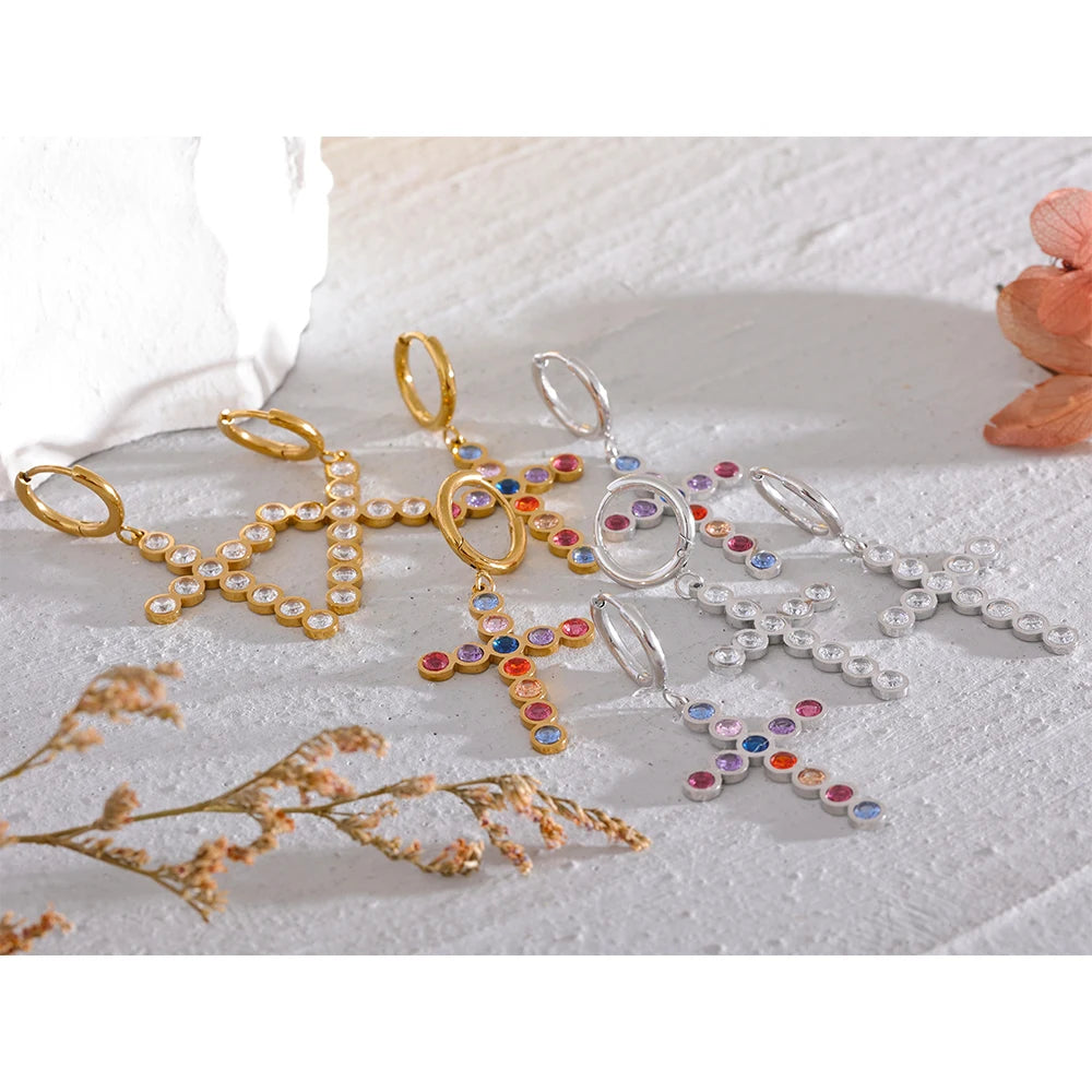 Yhpup Waterproof Colorful Cubic Zirconia Stainless Steel Cross Drop Hoop Earrings Fashion Daily Men Women Unisex Golden Jewelry
