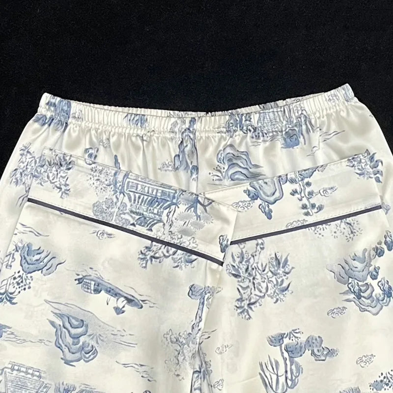 Women's Pajamas Sets Spring Autumn 2 Piece Paint Print Pyjama Faux Silk Satin Sleepwear Long Sleeve Pijama Mujer Pjs Homewear