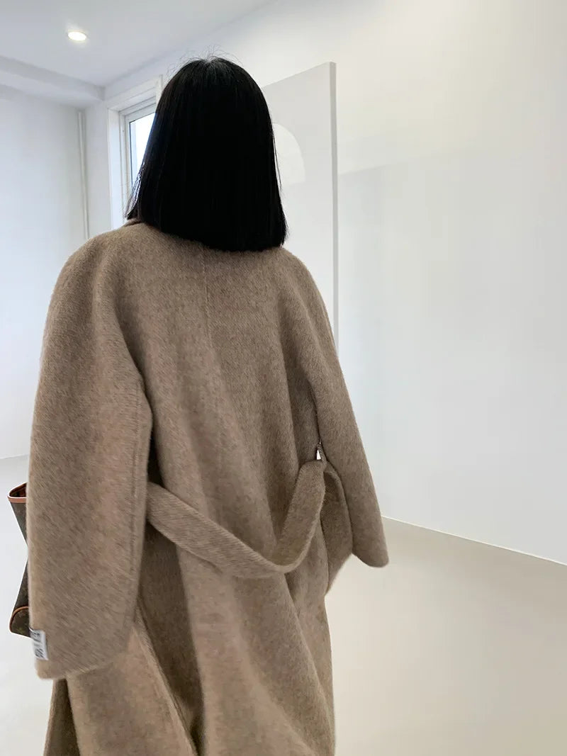 2024 Autumn Winter Wool Coat Women Double-breasted Solid Color Women's Double-sided Woolen Belt Coats Loose Warm Wool Jacket