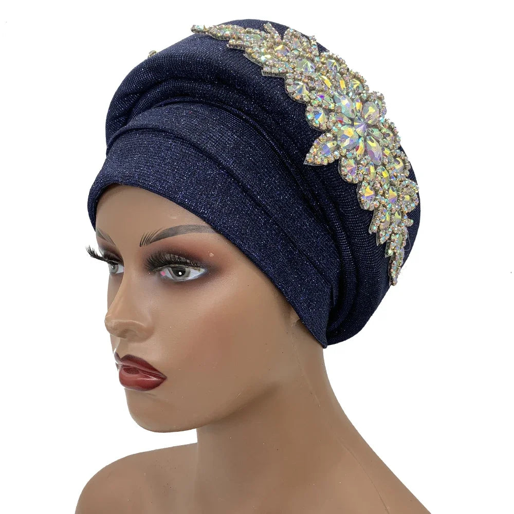 African Wrap Head Headgear Nigeria Auto Gele Headtie Turbante Mujer Luxury Rhinestone Turban Hat for Women Glitter