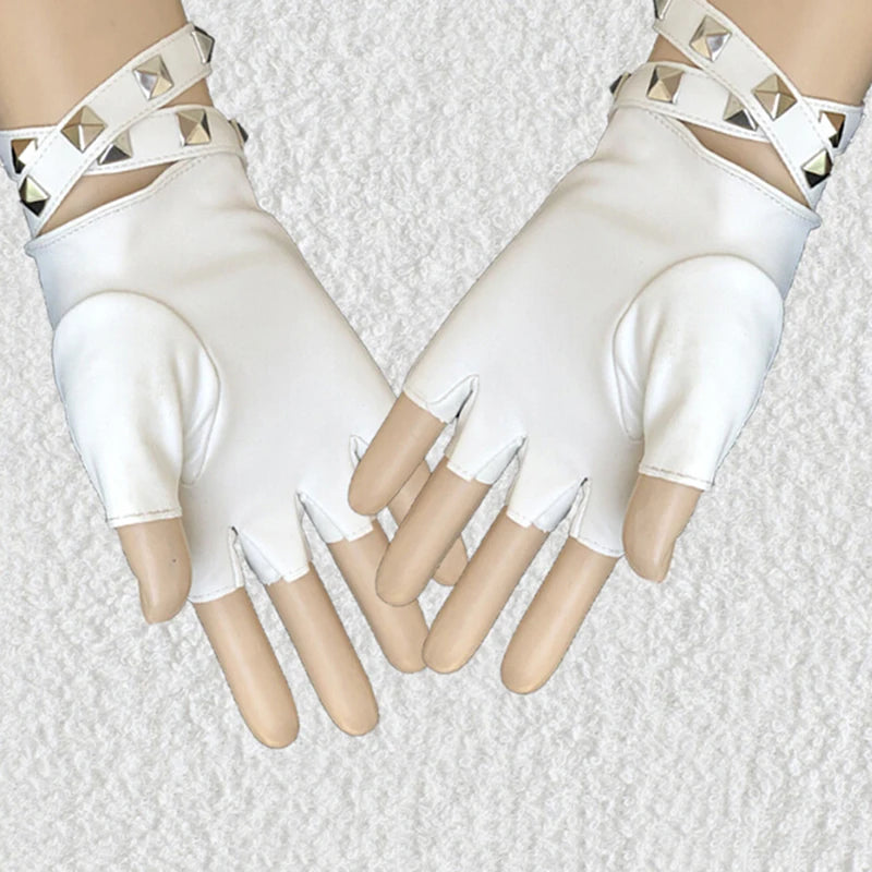 Womens Leather Half Finger Gloves Punk Rivets Belt Gloves Pole Dance Street Dance Leather Gloves Performance Gloves