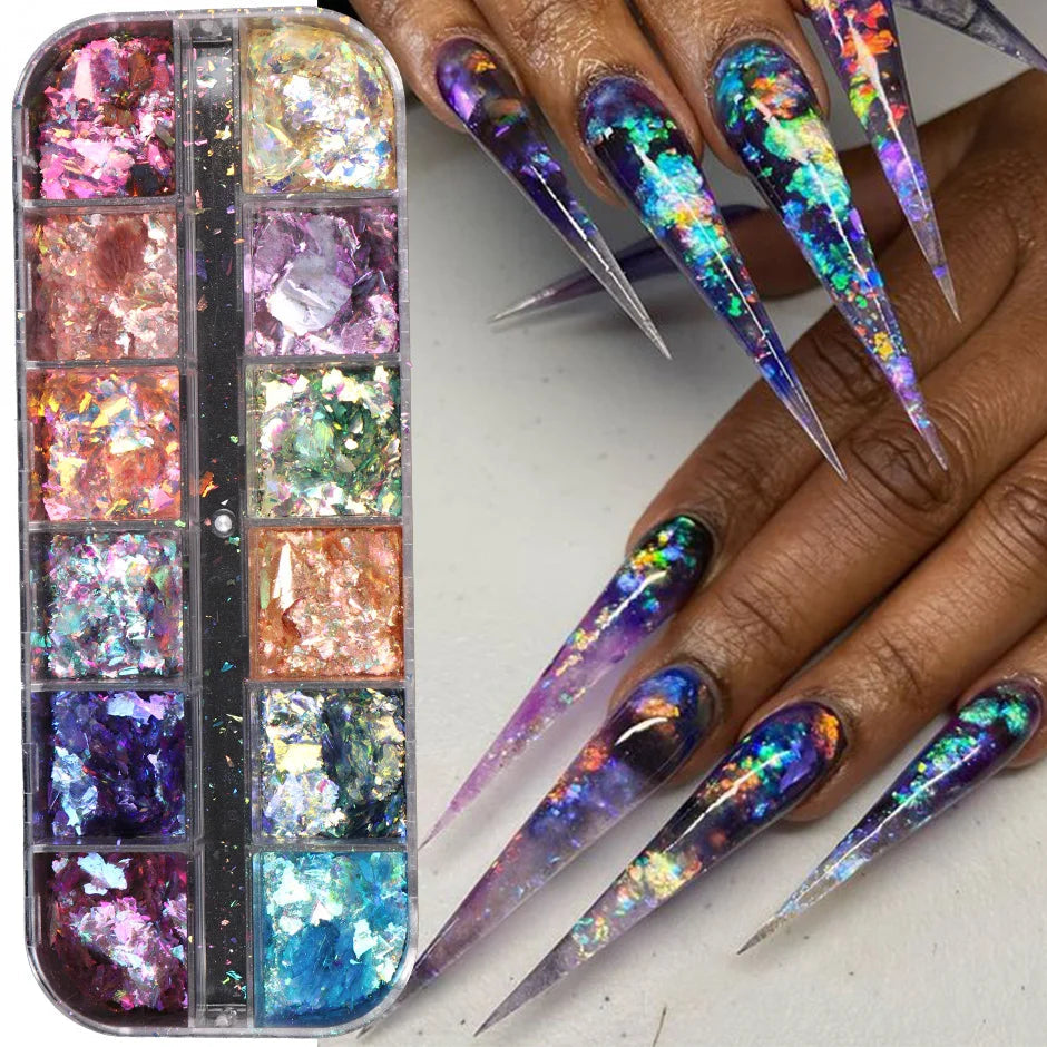 12 Grids Opal Dream Crystal Sequins Nail Flake Galaxy Iridescent Aurora 3D Paillette for Winter Autumn Manicure Decoration SWYFH Viralgem Store