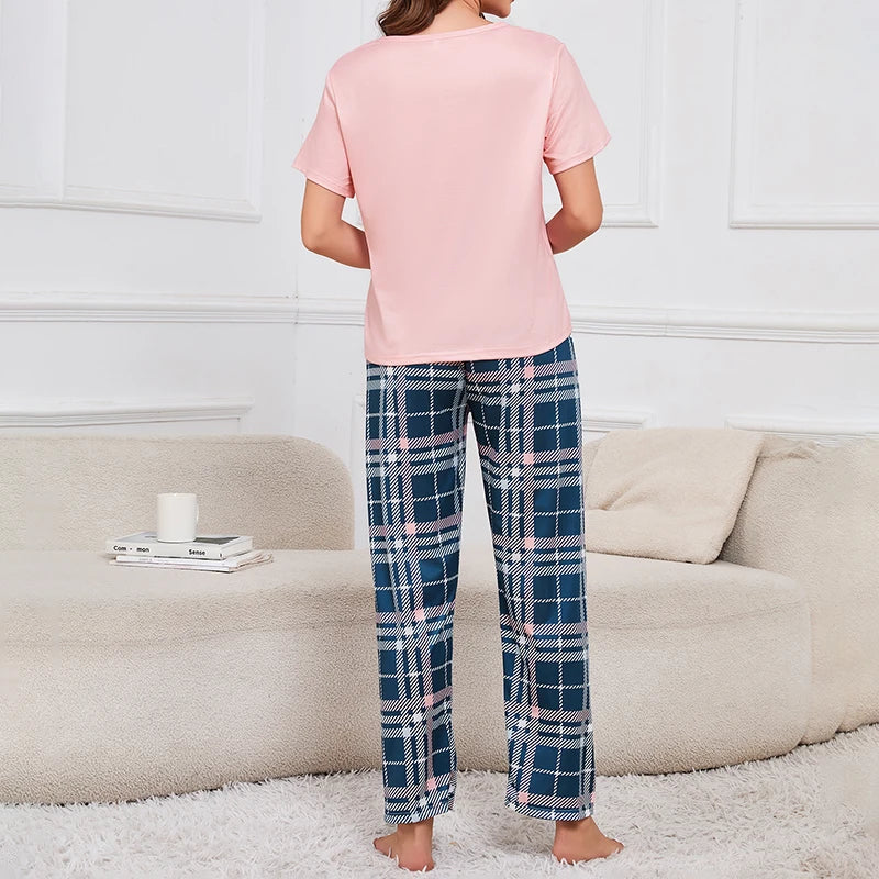 3-Piece Women's Checkered Printing Pajamas Set Soft & Comfy Crew Neck Tee Elastic Shorts & Lounge Pants Sleepwear Home Clothing