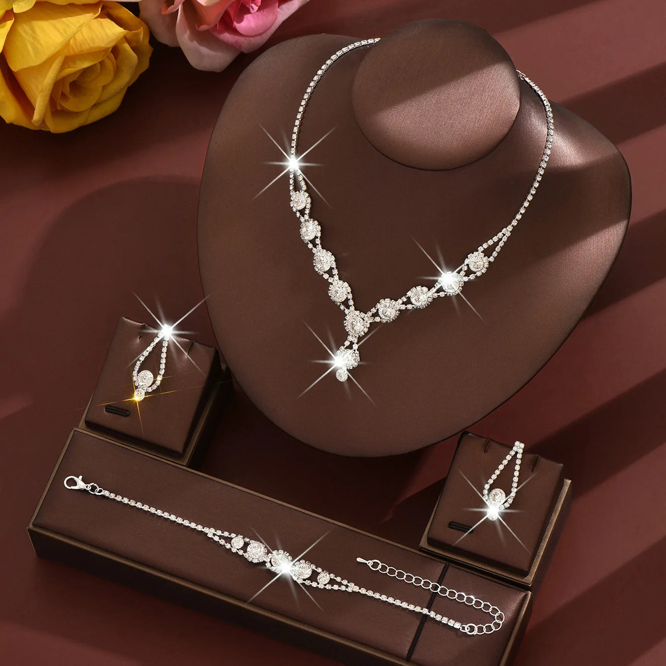 4PCS Fashion Elegant Crystal Jewelry Sets for Women Rhinestones Necklace Ring Earrings Bridal Wedding Party Jewelry Sets Viralgem Store