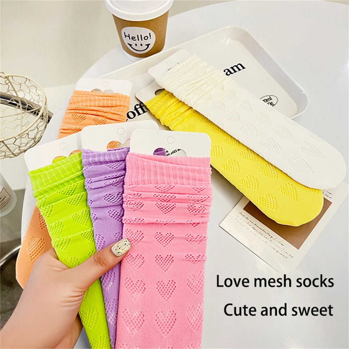 1/4 pairs of girls' dopamine heart hollow  mesh straight socks, lightweight  breathable heart mesh socks, women's long tube