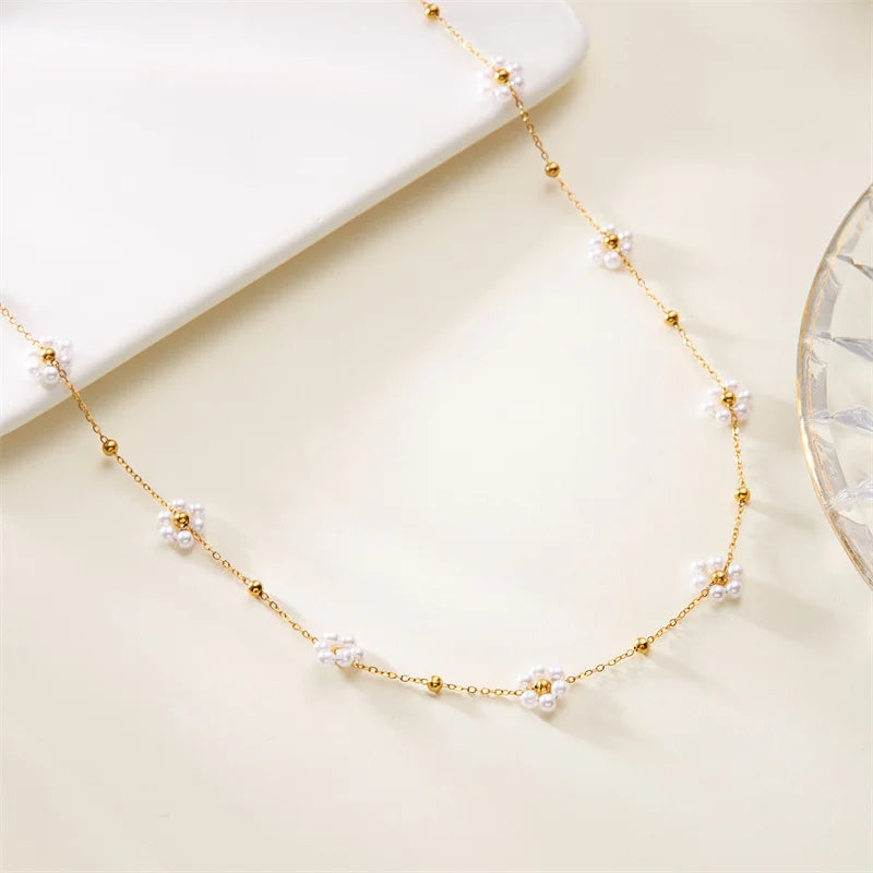 Sweet Imitation Pearl Flower Bracelet Jewelry Set for Women's Hand Neck Fashion Metal Chain Necklace Boho Accessories Gifts
