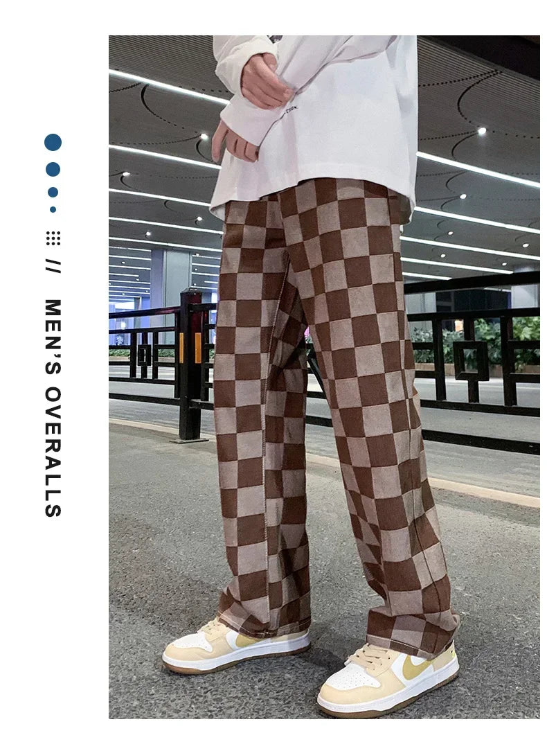 2024 Spring New Men's Brown Check Print Baggy Jeans Korean Fashion Streetwear Denim Straight Pants Male Brand Trousers
