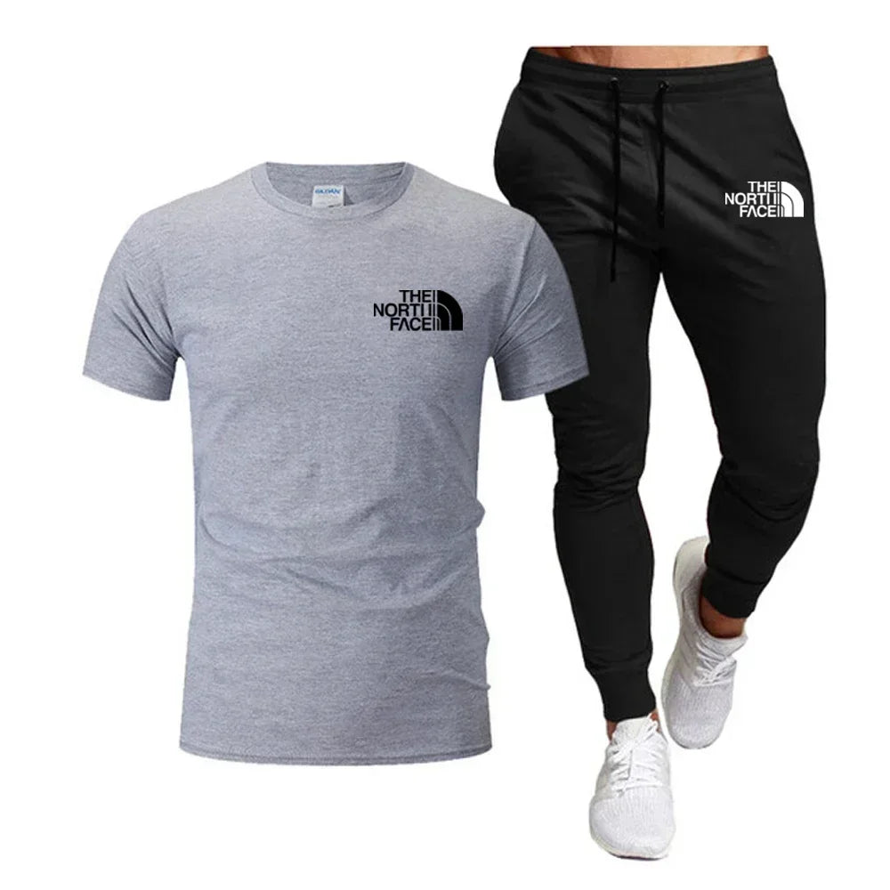 Summer 2025 Men Tops 100% Fashion Cotton Short Sleeve Long Sweatpants Streetwear 2 Piece Sets Men Clothing