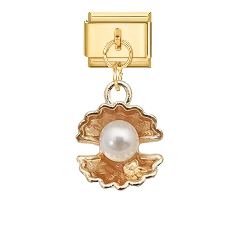 Vintage Golden Sea Shell Conch Starfish Dolphin Turtles Pendant Bead Fit 9mm Italian Charm Bracelet Stainless Steel DIY Making