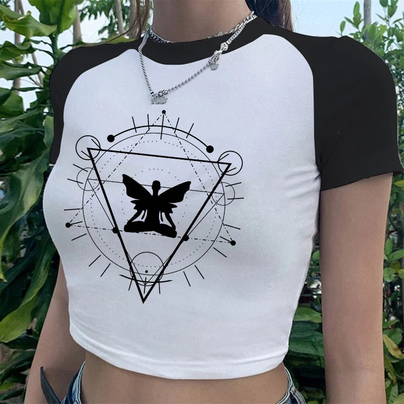 Y2k Fairy Grunge Emo Sexy Gothic Crop Top Vintage Harajuku Black Short Sleeve O-neck T Shirts Aesthetic Clothes Streetwear Tanks