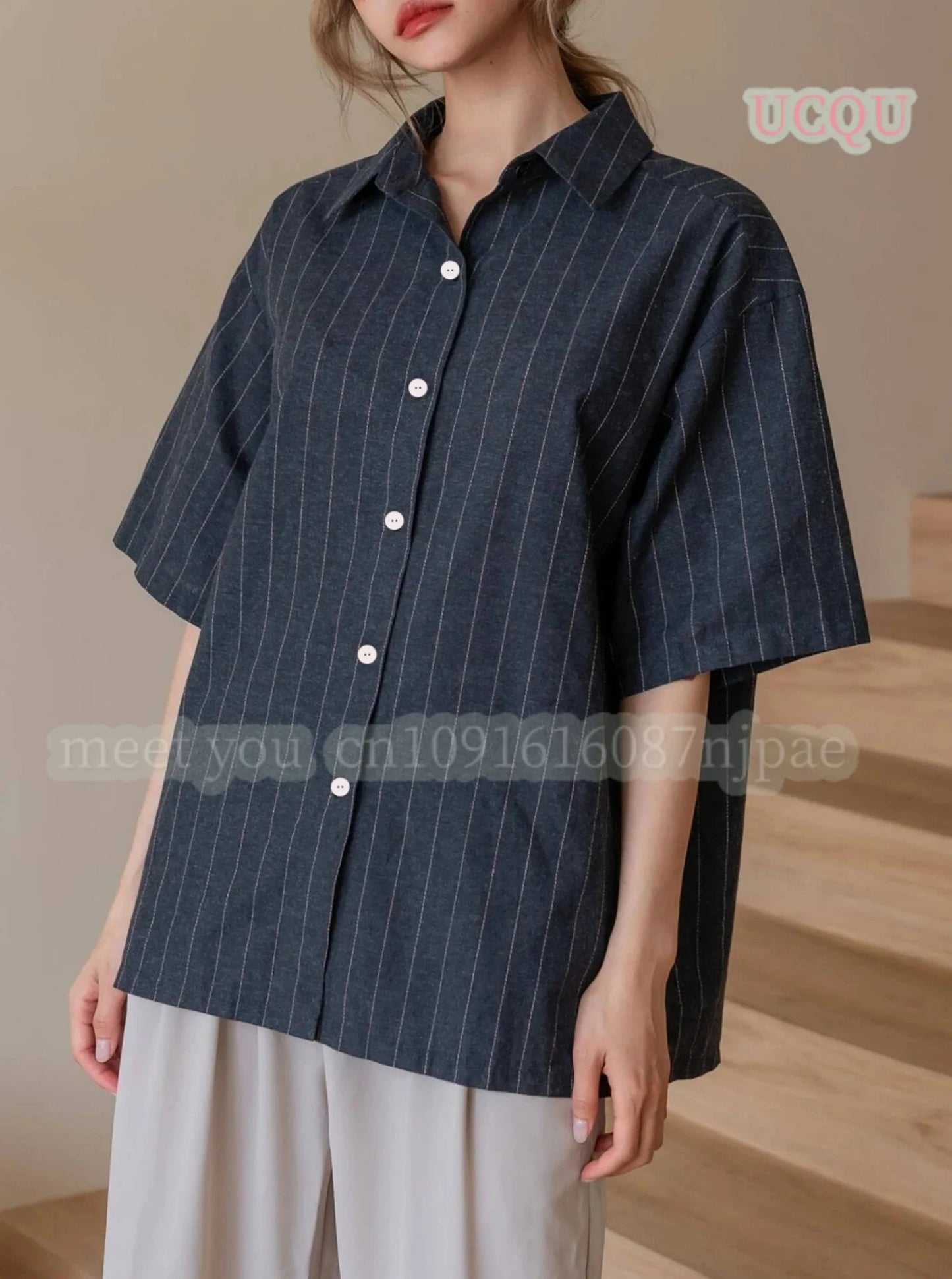 Striped Shirt Women Summer Vintage Chic Loose short Sleeve Top Y2K Office Ladies Fashion Casual button up Collar All Match shirt Freshlook Styles